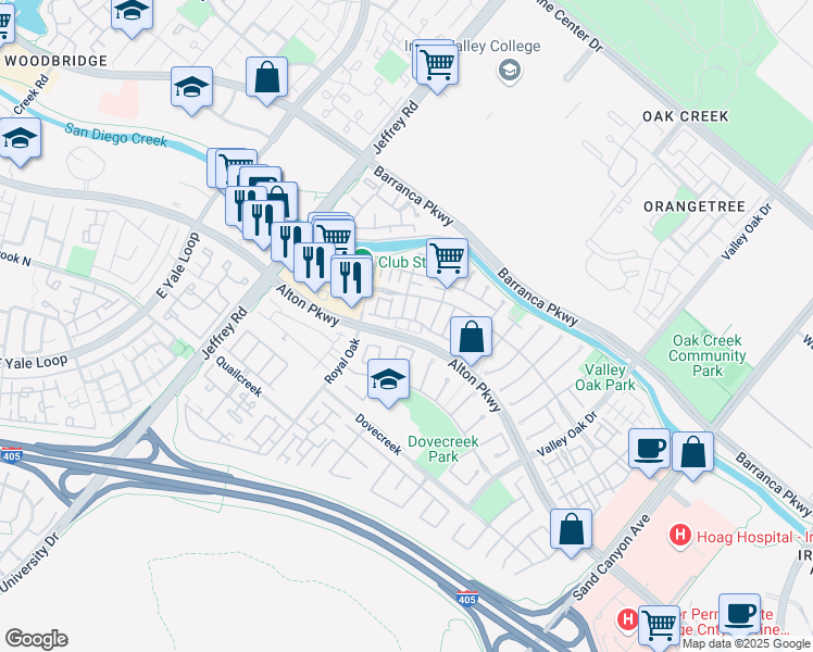 map of restaurants, bars, coffee shops, grocery stores, and more near 2103 Crescent Oak in Irvine