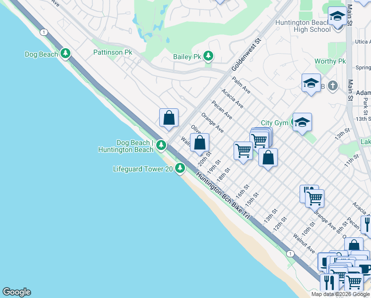 map of restaurants, bars, coffee shops, grocery stores, and more near 112 22nd Street in Huntington Beach