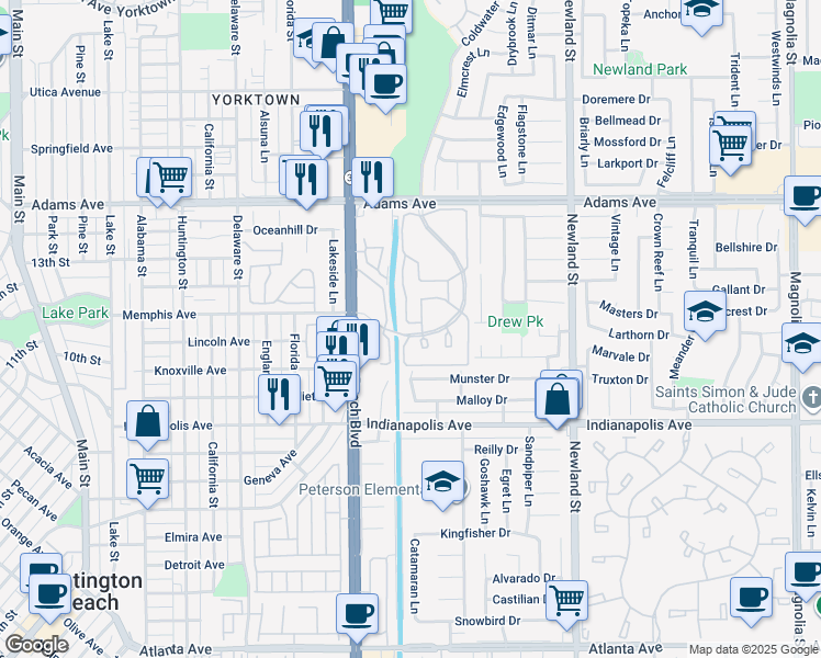 map of restaurants, bars, coffee shops, grocery stores, and more near 8122 Seawater Drive in Huntington Beach