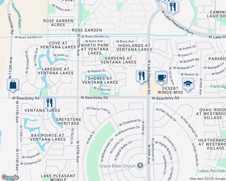 map of restaurants, bars, coffee shops, grocery stores, and more near 20211 North 105th Avenue in Peoria