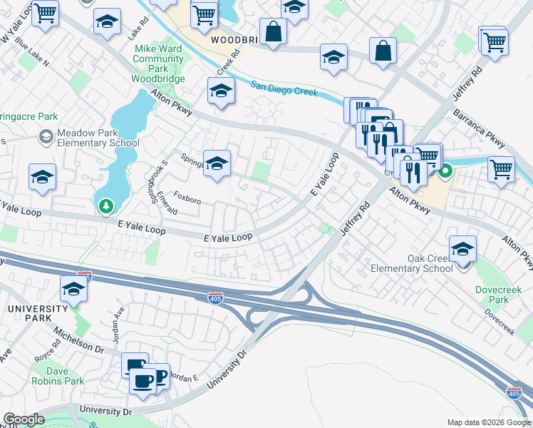 map of restaurants, bars, coffee shops, grocery stores, and more near 420 East Yale Loop in Irvine