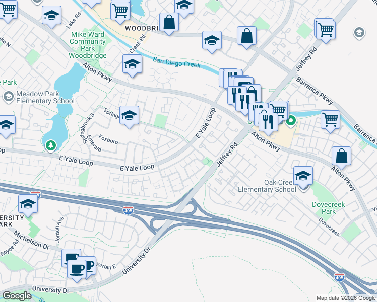 map of restaurants, bars, coffee shops, grocery stores, and more near 405 East Yale Loop in Irvine