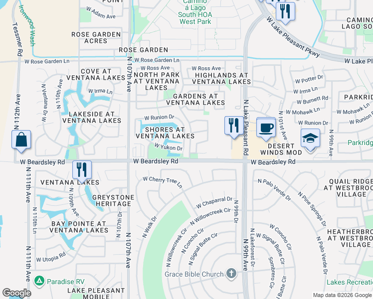 map of restaurants, bars, coffee shops, grocery stores, and more near 20211 North 105th Avenue in Peoria
