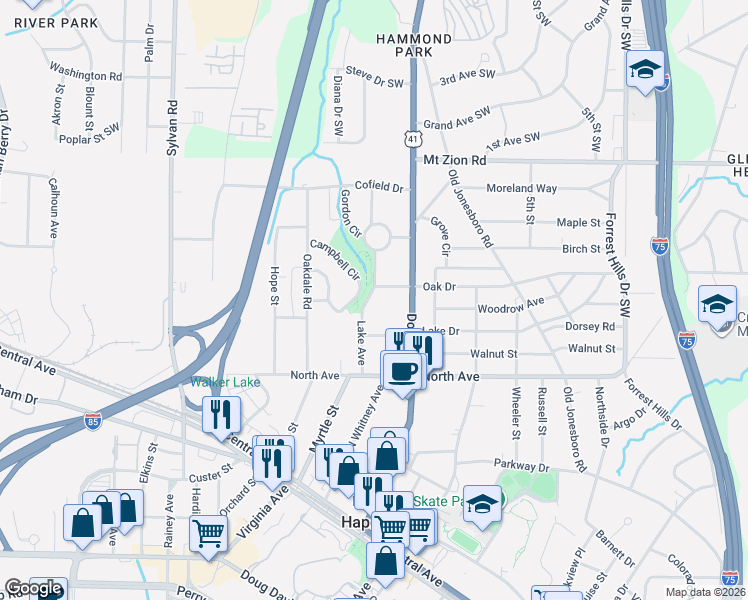map of restaurants, bars, coffee shops, grocery stores, and more near 625 Coleman Street in Hapeville