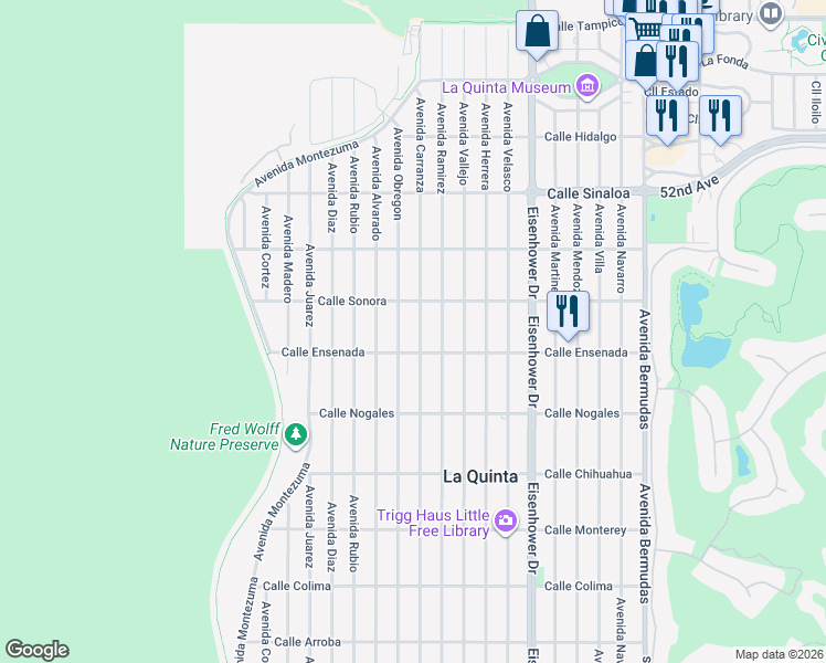 map of restaurants, bars, coffee shops, grocery stores, and more near 52395 Avenue Carranza in La Quinta