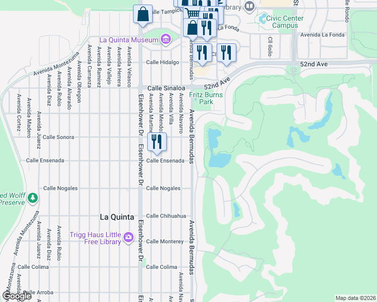 map of restaurants, bars, coffee shops, grocery stores, and more near 52445 Avenida Bermudas in La Quinta