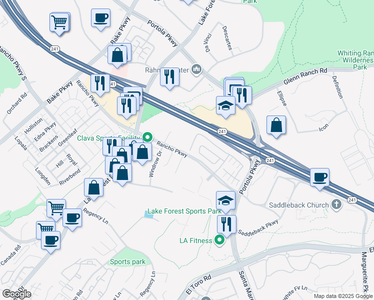 map of restaurants, bars, coffee shops, grocery stores, and more near 105 Acadia Court in Lake Forest