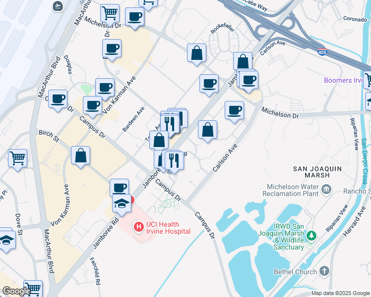 map of restaurants, bars, coffee shops, grocery stores, and more near 1138 Scholarship in Irvine