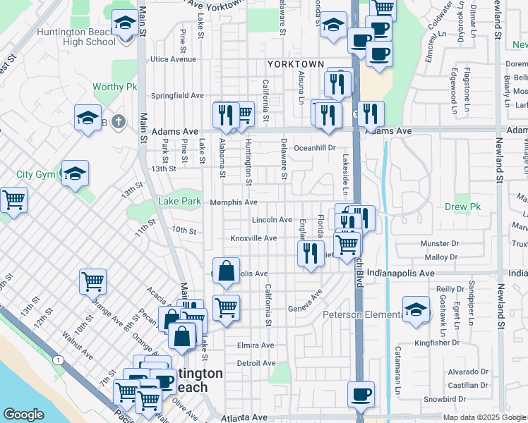 map of restaurants, bars, coffee shops, grocery stores, and more near 1209 California Street in Huntington Beach