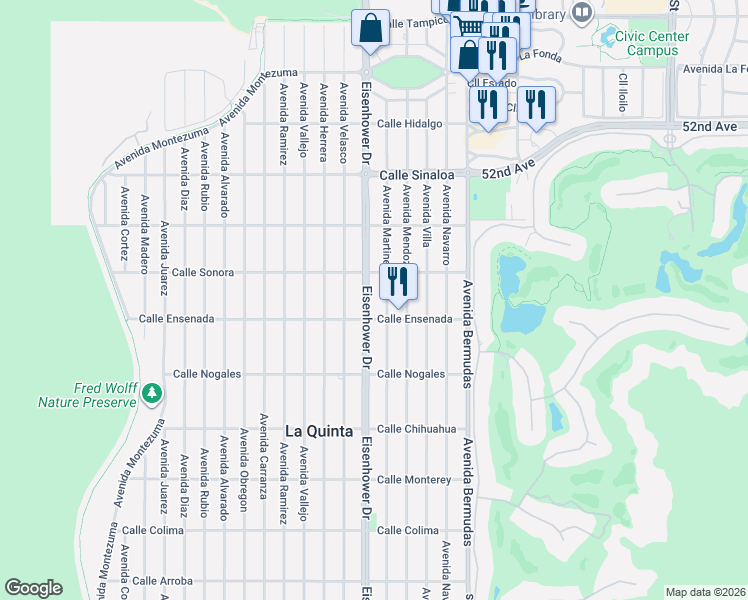 map of restaurants, bars, coffee shops, grocery stores, and more near 52390 Eisenhower Drive in La Quinta