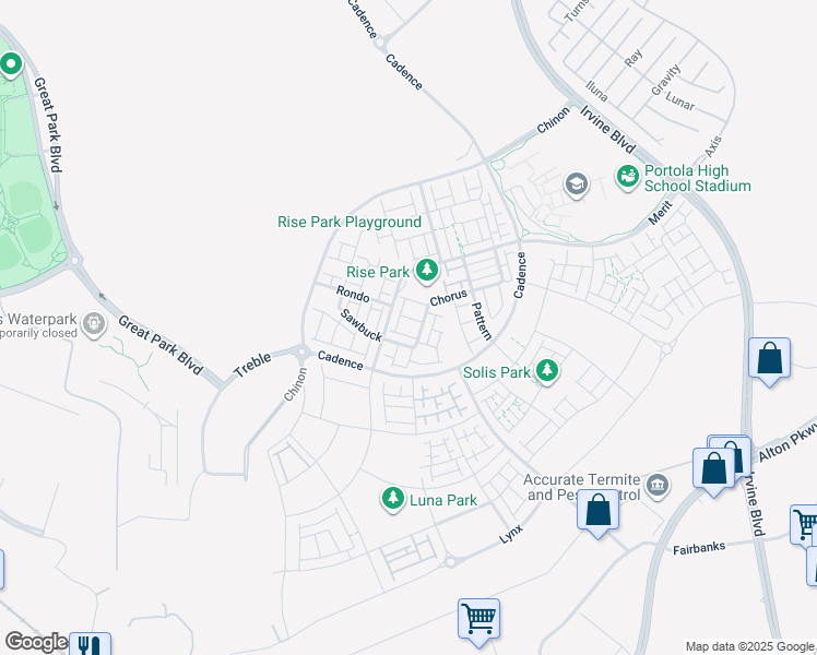 map of restaurants, bars, coffee shops, grocery stores, and more near 217 Chorus in Irvine