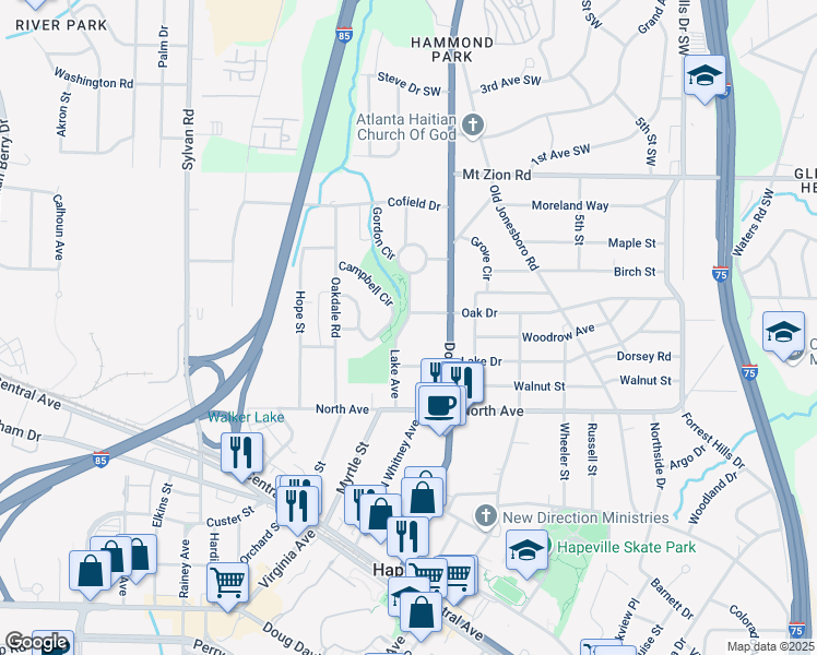 map of restaurants, bars, coffee shops, grocery stores, and more near 3182 Lake Avenue in Hapeville