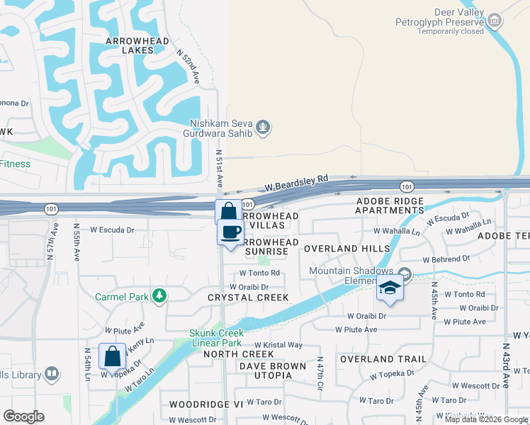 map of restaurants, bars, coffee shops, grocery stores, and more near 4967 West Escuda Drive in Glendale