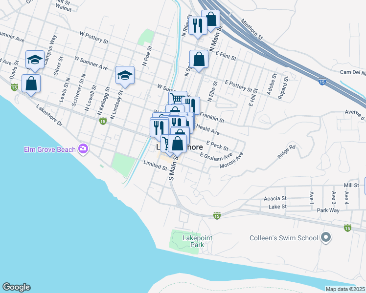 map of restaurants, bars, coffee shops, grocery stores, and more near 6 North Main Street in Lake Elsinore