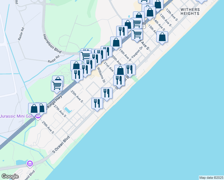 map of restaurants, bars, coffee shops, grocery stores, and more near 2209S South Ocean Boulevard in Myrtle Beach