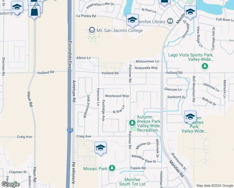 map of restaurants, bars, coffee shops, grocery stores, and more near 28396 Westwood Way in Menifee