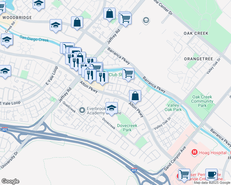 map of restaurants, bars, coffee shops, grocery stores, and more near 59 Fern Pine in Irvine