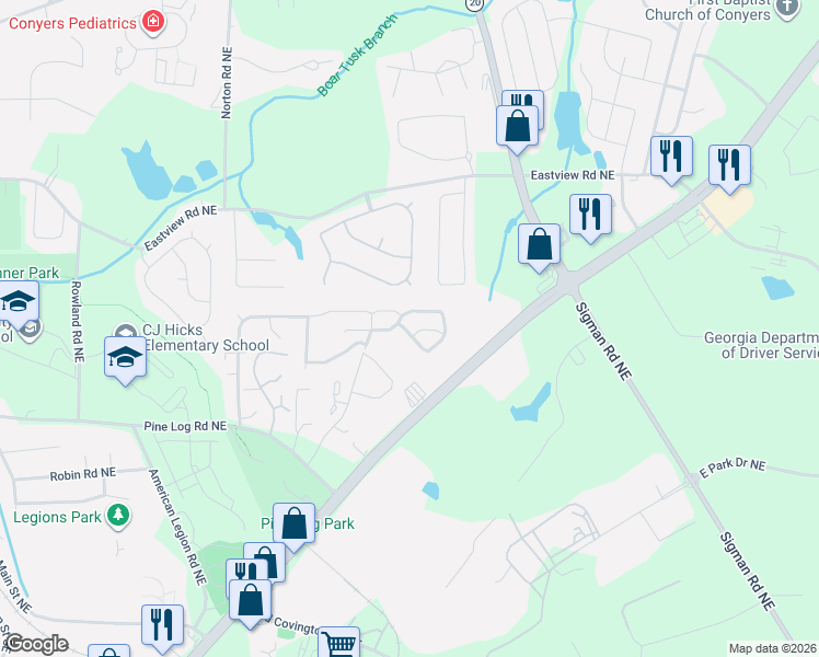map of restaurants, bars, coffee shops, grocery stores, and more near 2111 Belmont Circle Northeast in Conyers