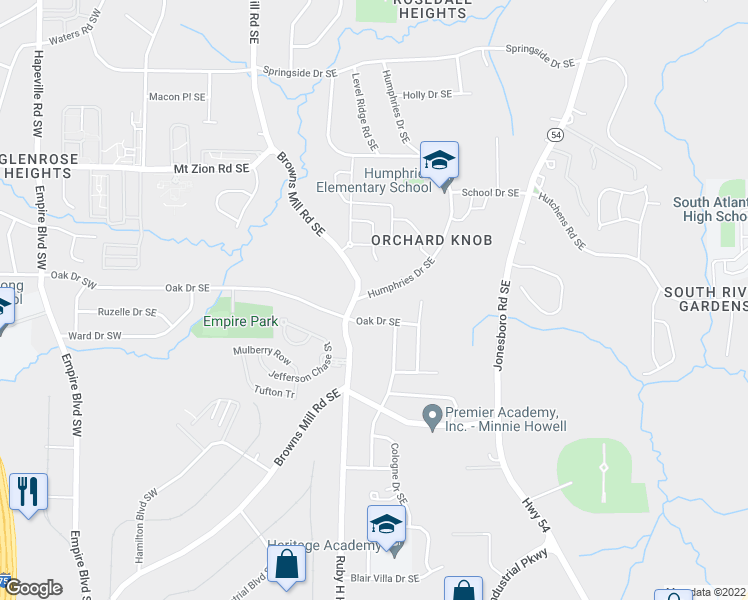 map of restaurants, bars, coffee shops, grocery stores, and more near 3204 Humphries Drive Southeast in Atlanta