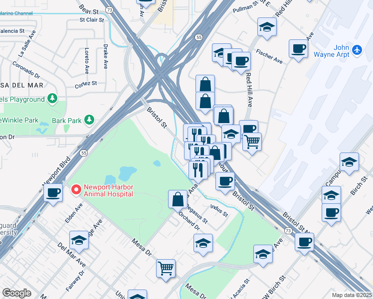 map of restaurants, bars, coffee shops, grocery stores, and more near 1330 Bristol Street in Newport Beach