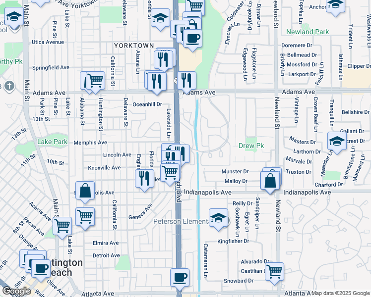 map of restaurants, bars, coffee shops, grocery stores, and more near 20301 Bluffside Circle in Huntington Beach