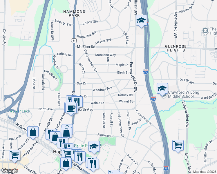 map of restaurants, bars, coffee shops, grocery stores, and more near 3251 Old Jonesboro Road in Hapeville