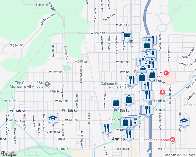 map of restaurants, bars, coffee shops, grocery stores, and more near 412 West 18th Street in Anniston