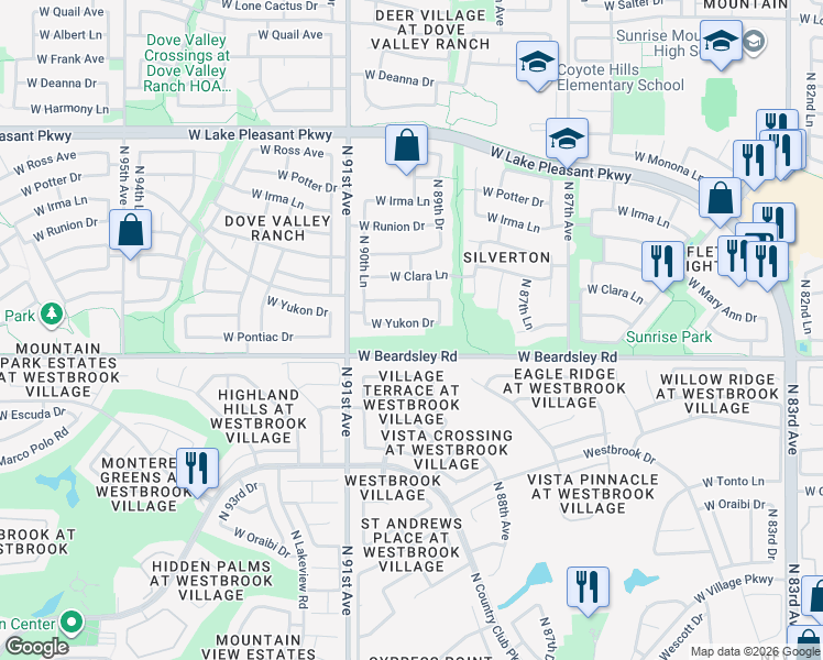 map of restaurants, bars, coffee shops, grocery stores, and more near 9017 West Yukon Drive in Peoria