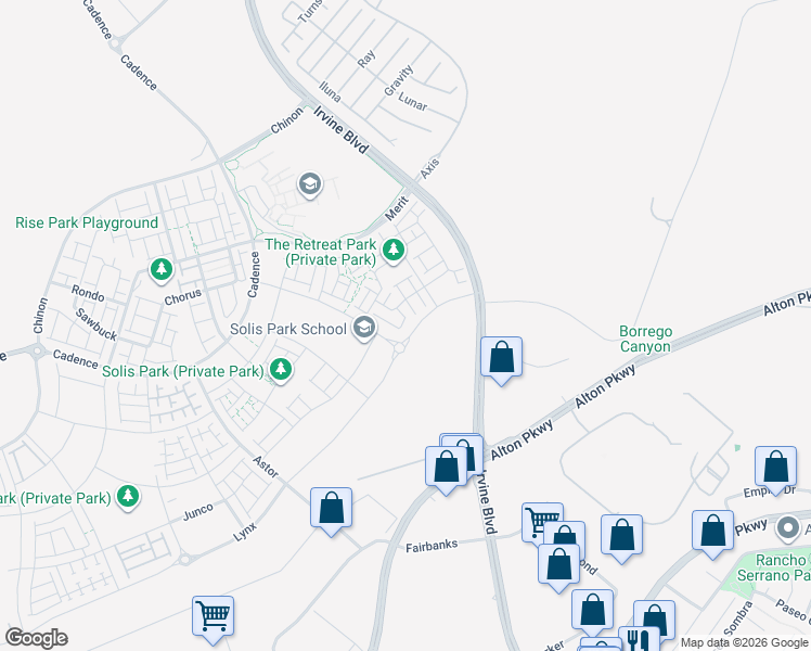 map of restaurants, bars, coffee shops, grocery stores, and more near 297 Lynx in Irvine