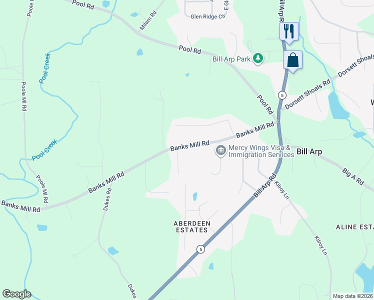map of restaurants, bars, coffee shops, grocery stores, and more near 7245 Banks Mill Road in Douglasville