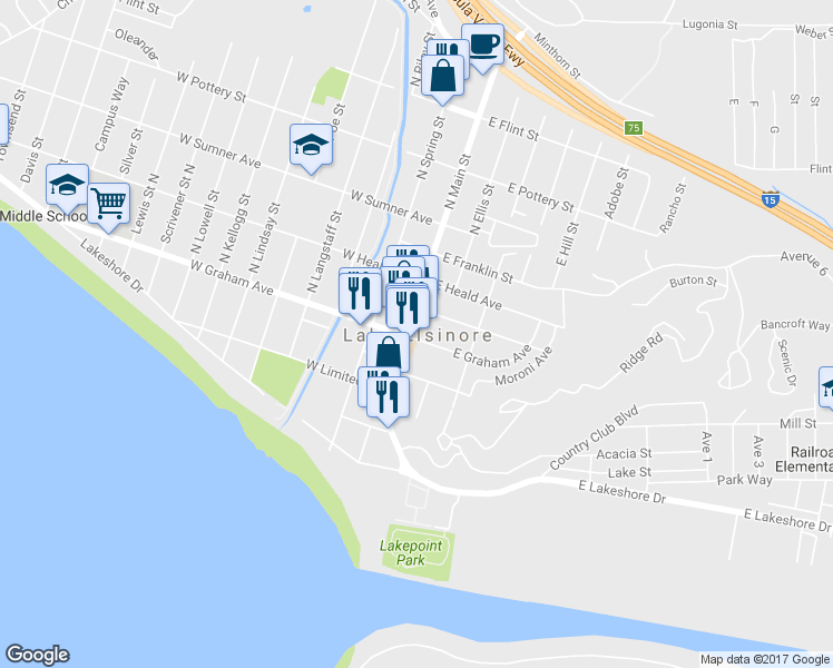 map of restaurants, bars, coffee shops, grocery stores, and more near  in Lake Elsinore