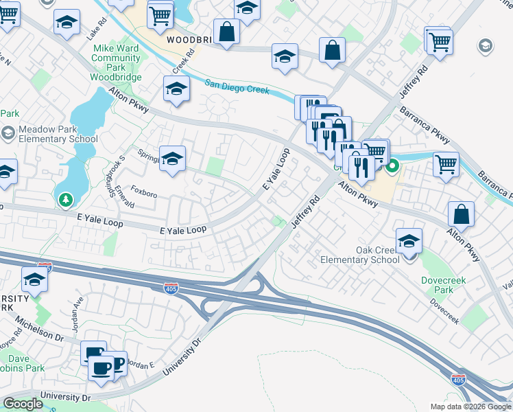 map of restaurants, bars, coffee shops, grocery stores, and more near 401 East Yale Loop in Irvine