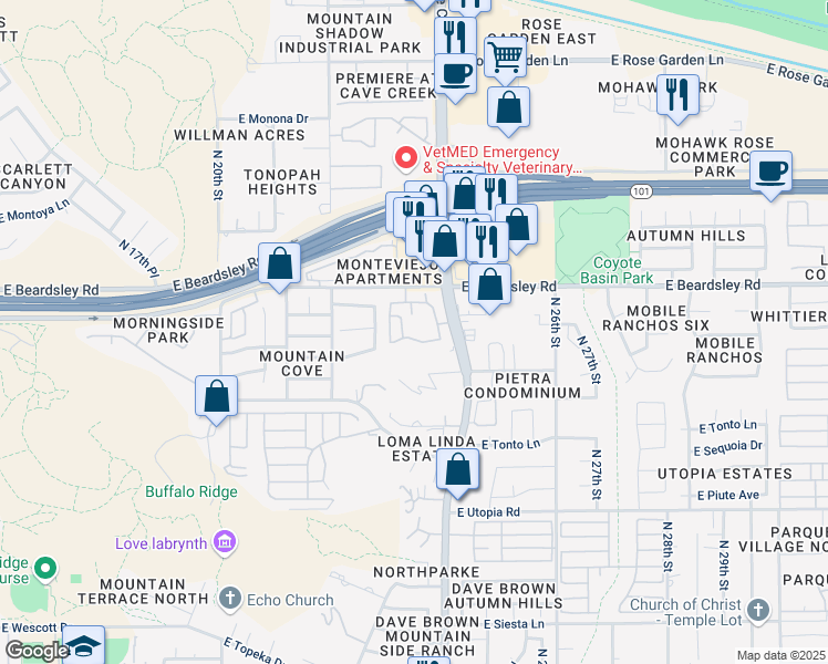 map of restaurants, bars, coffee shops, grocery stores, and more near 2331 East Marco Polo Road in Phoenix