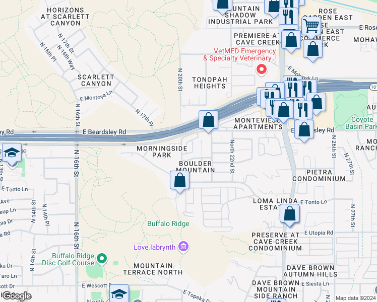 map of restaurants, bars, coffee shops, grocery stores, and more near 2004 East Escuda Road in Phoenix