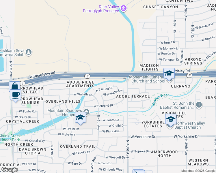 map of restaurants, bars, coffee shops, grocery stores, and more near 4367 West Escuda Drive in Glendale
