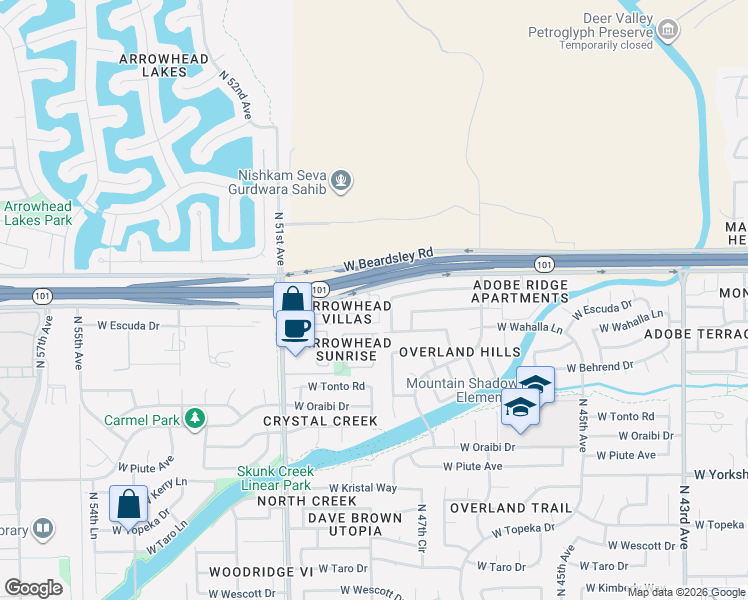 map of restaurants, bars, coffee shops, grocery stores, and more near 4911 West Escuda Drive in Glendale