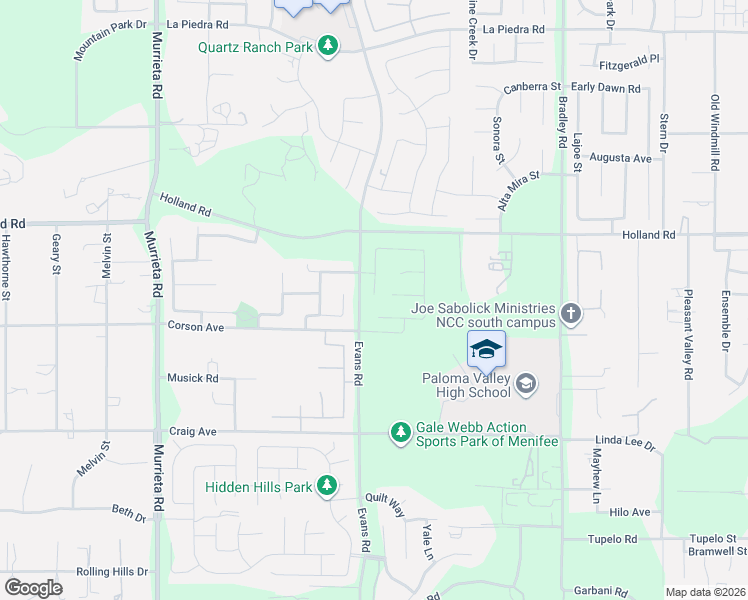 map of restaurants, bars, coffee shops, grocery stores, and more near 31270 Evans Road in Menifee