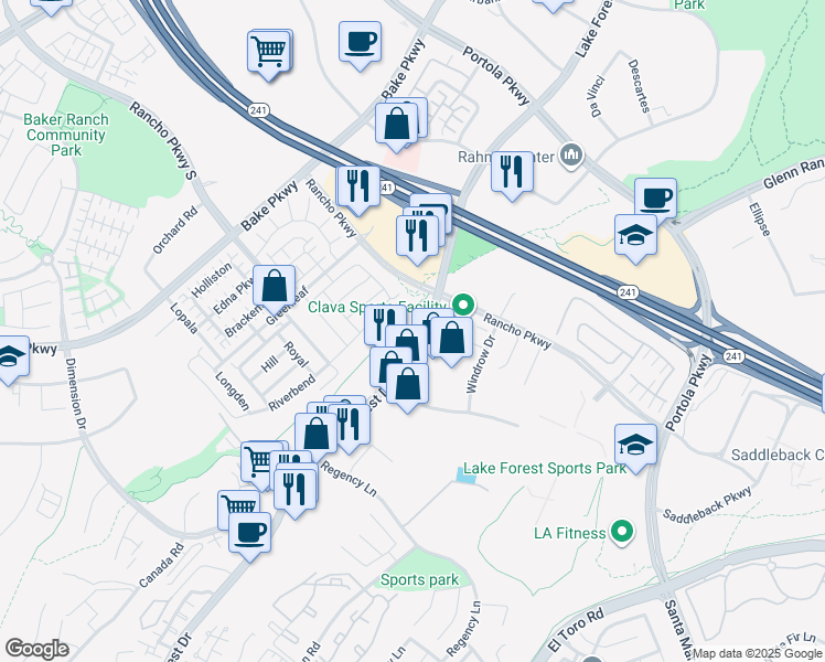 map of restaurants, bars, coffee shops, grocery stores, and more near 20331 Lake Forest Drive in Lake Forest