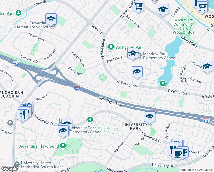 map of restaurants, bars, coffee shops, grocery stores, and more near 47 Weepingwood in Irvine