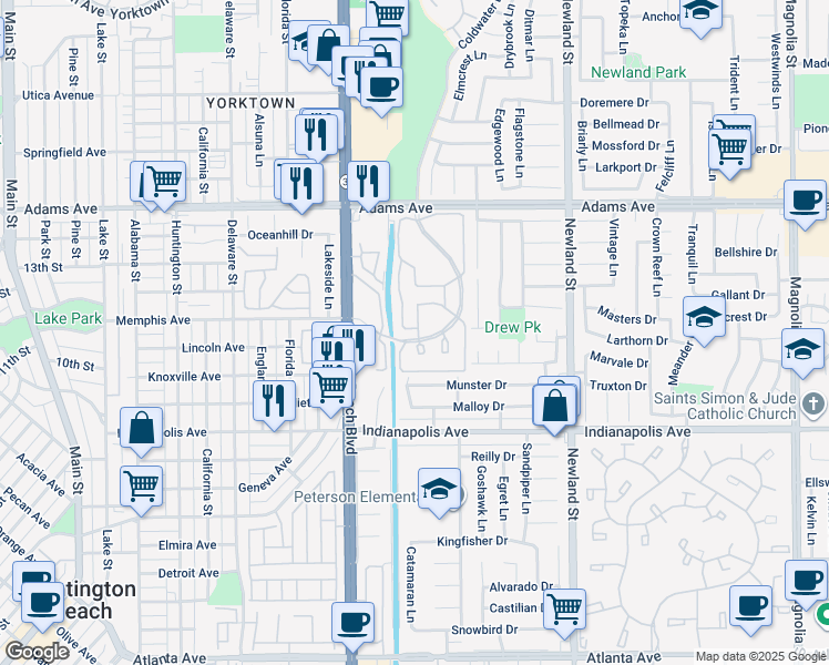 map of restaurants, bars, coffee shops, grocery stores, and more near 20331 Portview Circle in Huntington Beach