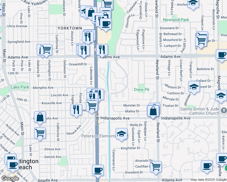 map of restaurants, bars, coffee shops, grocery stores, and more near 20322 Portview Circle in Huntington Beach