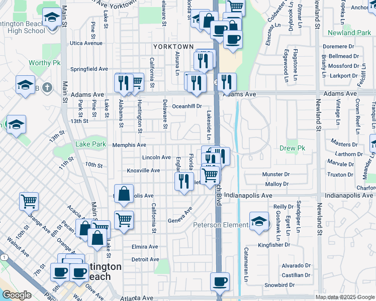 map of restaurants, bars, coffee shops, grocery stores, and more near 1118 England Street in Huntington Beach