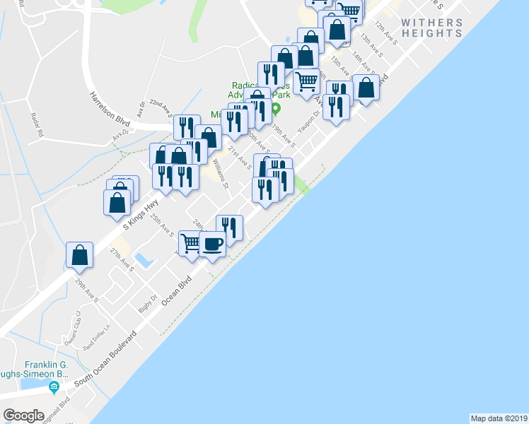 map of restaurants, bars, coffee shops, grocery stores, and more near 2207 South Ocean Boulevard in Myrtle Beach