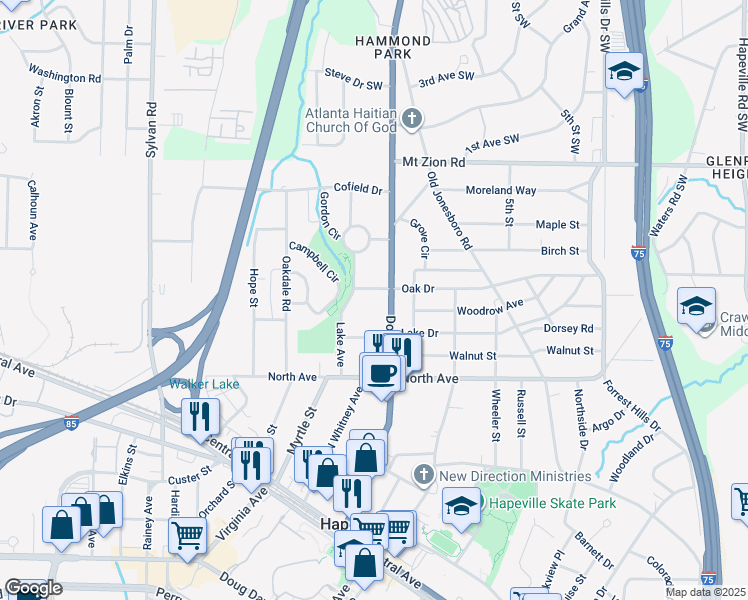 map of restaurants, bars, coffee shops, grocery stores, and more near 3165 Dogwood Drive in Hapeville