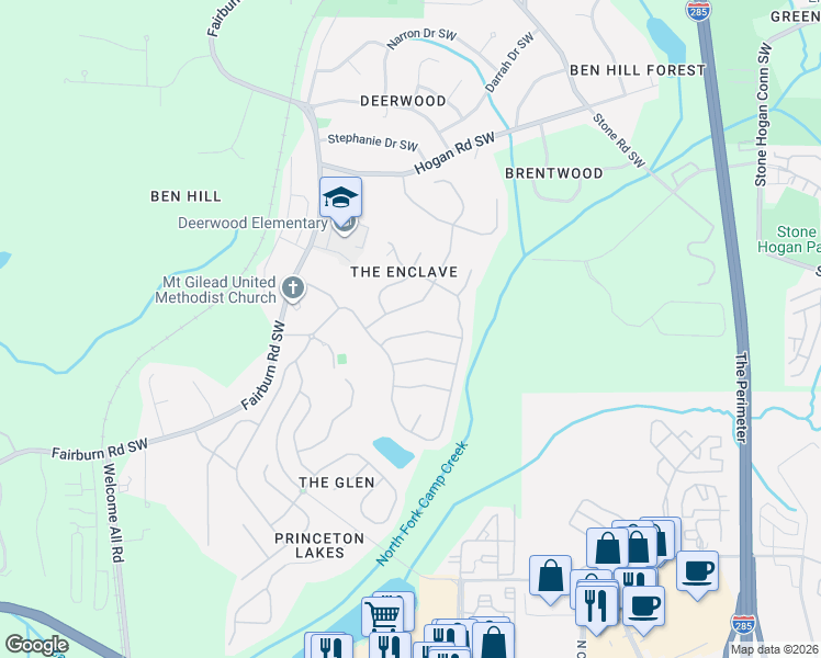 map of restaurants, bars, coffee shops, grocery stores, and more near 3158 Cambria Road Southwest in Atlanta