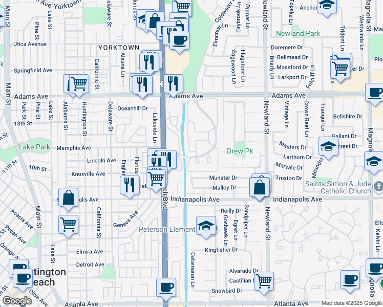 map of restaurants, bars, coffee shops, grocery stores, and more near 8122 Seawater Drive in Huntington Beach