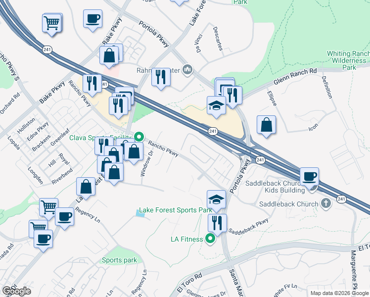 map of restaurants, bars, coffee shops, grocery stores, and more near 88 Acadia Court in Lake Forest