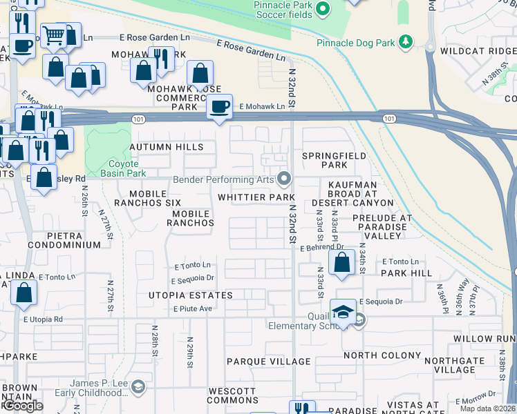 map of restaurants, bars, coffee shops, grocery stores, and more near 3107 East Wahalla Lane in Phoenix