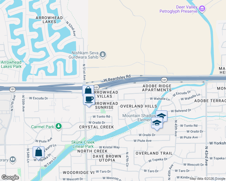 map of restaurants, bars, coffee shops, grocery stores, and more near 4911 West Escuda Drive in Glendale