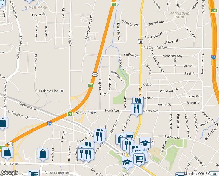 map of restaurants, bars, coffee shops, grocery stores, and more near 3173 Oakdale Rd in Hapeville